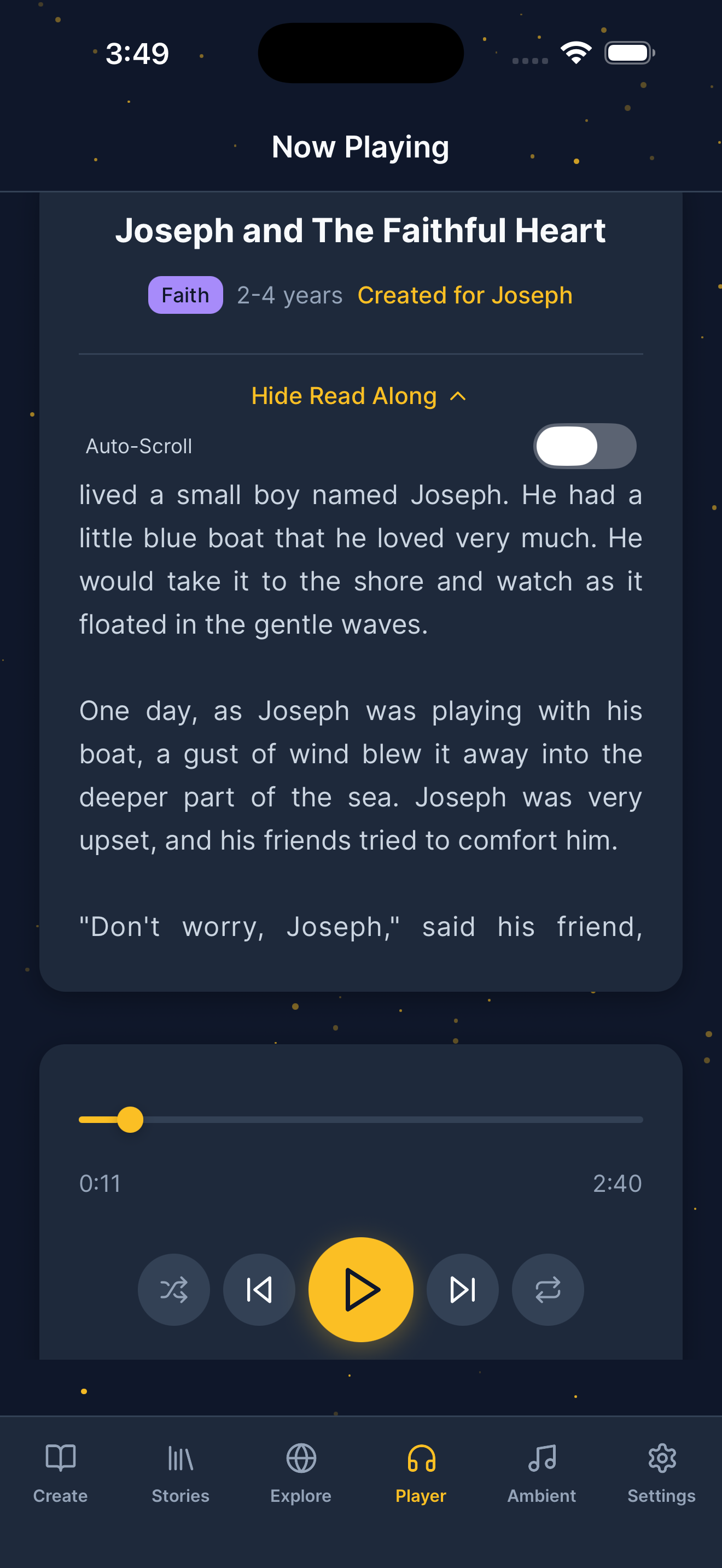 Screenshot of Woly on iPhone showing a personalized story, read-along text and narration controls in English