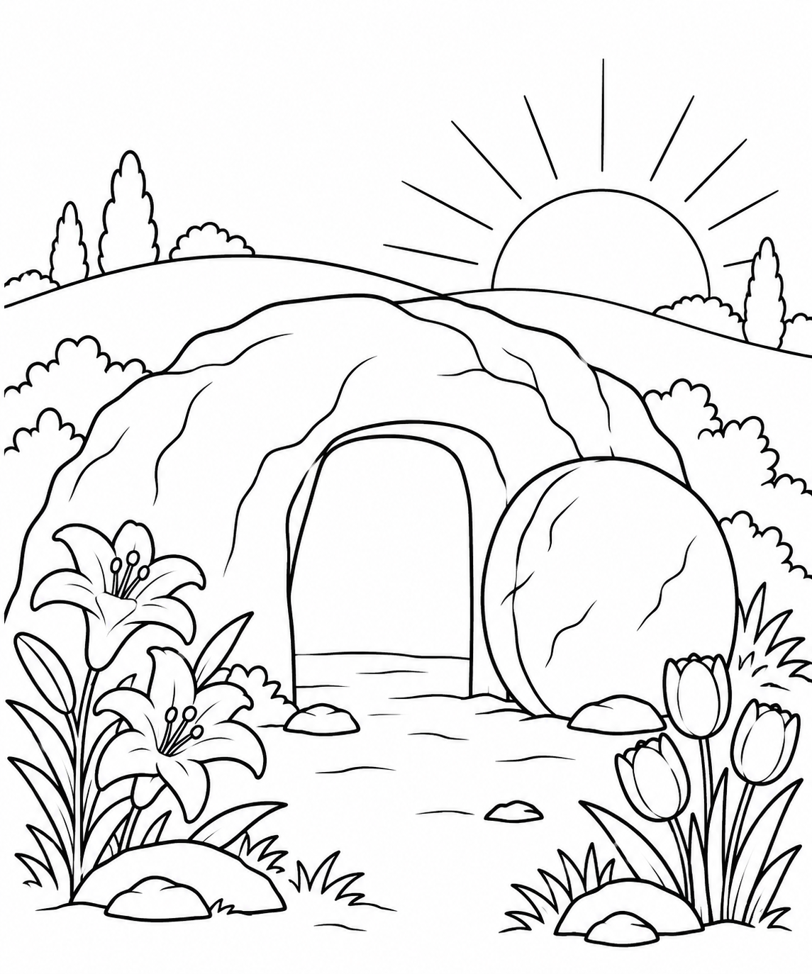 Black-and-white outline coloring sheet: Easter garden