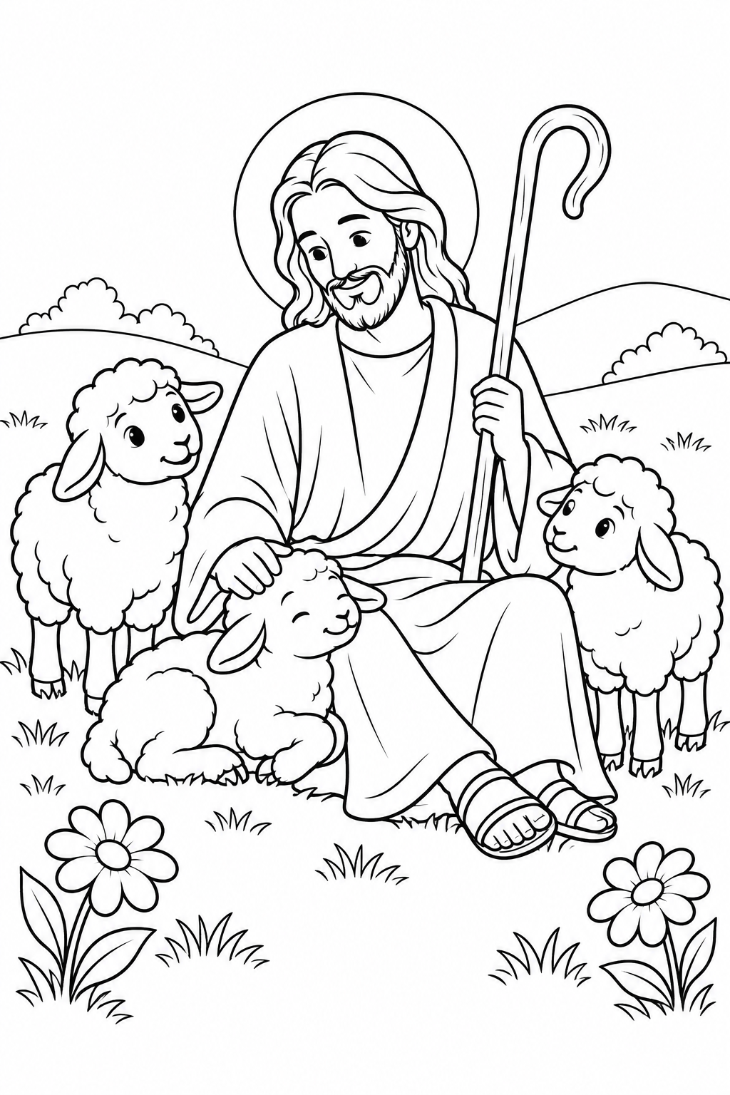 Black-and-white outline coloring sheet: The Good Shepherd