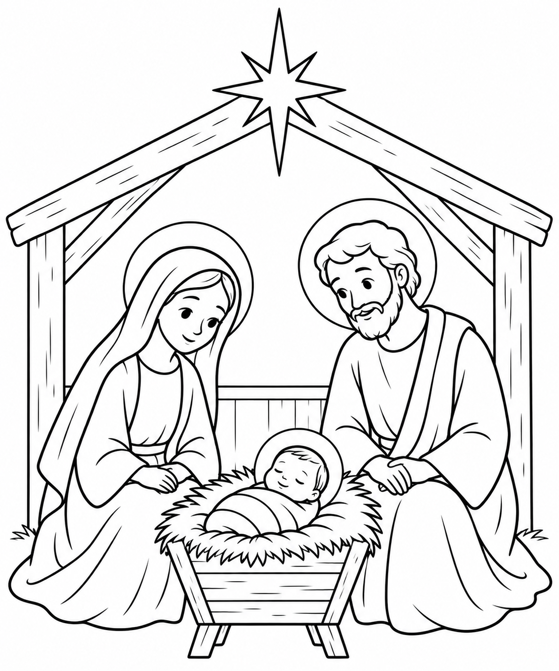 Black-and-white outline coloring sheet: Christmas Nativity