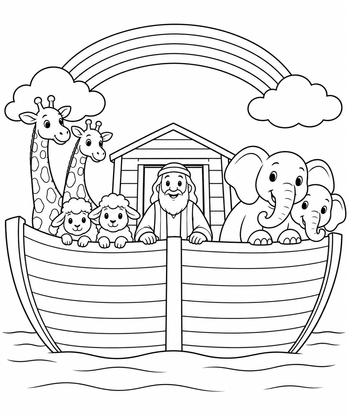 Black-and-white outline coloring sheet: Noah’s ark