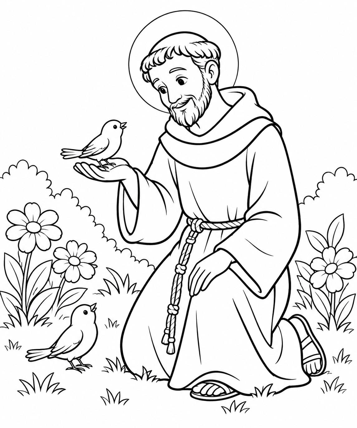 Black-and-white outline coloring sheet: Saint Francis and the birds