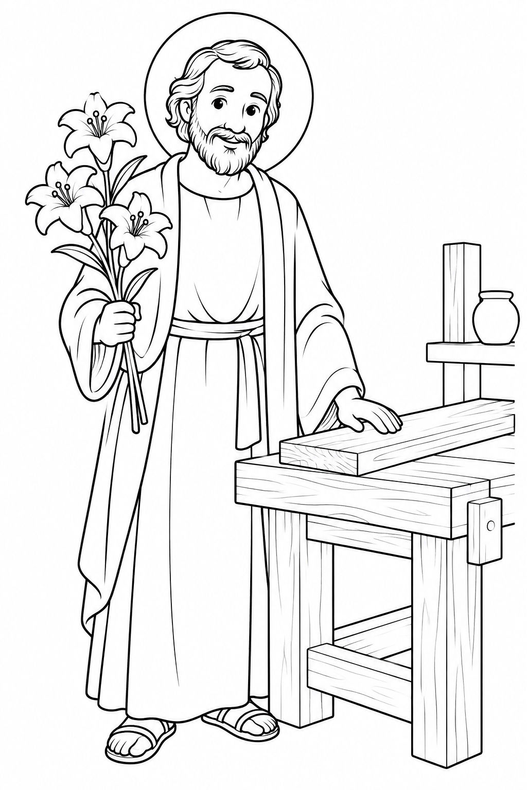 Black-and-white outline coloring sheet: Saint Joseph the carpenter